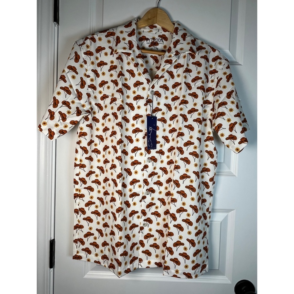 Vytroon Men Performance Golf Shirt White Cowboy Hat Sun Print Short Sleeve Large